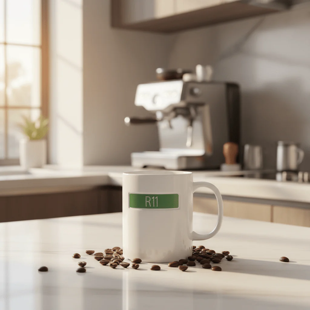 White Ceramic Mug with Green R11 Design | 350ml Premium Coffee Mug - Image 3