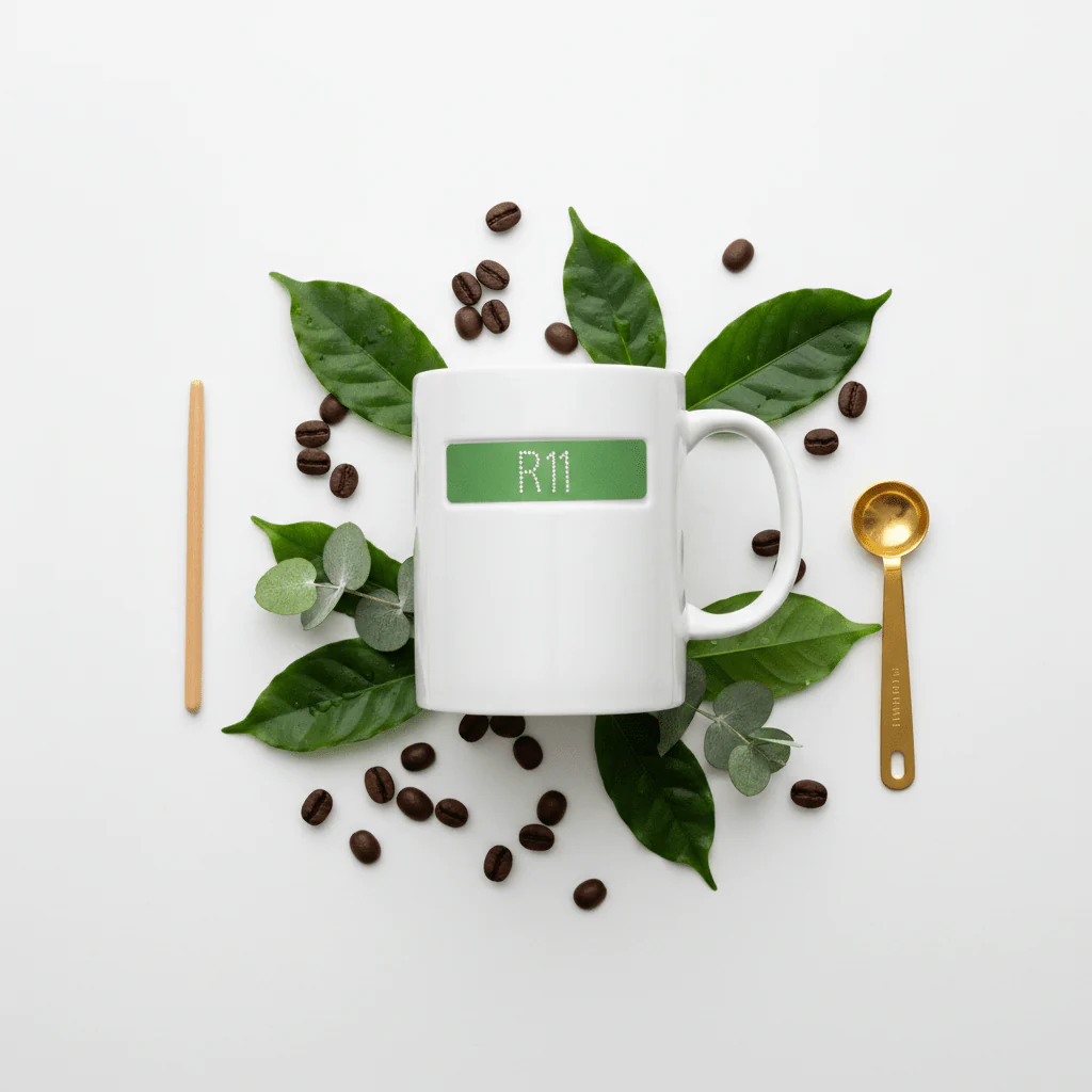 White Ceramic Mug with Green R11 Design | 350ml Premium Coffee Mug - Image 4