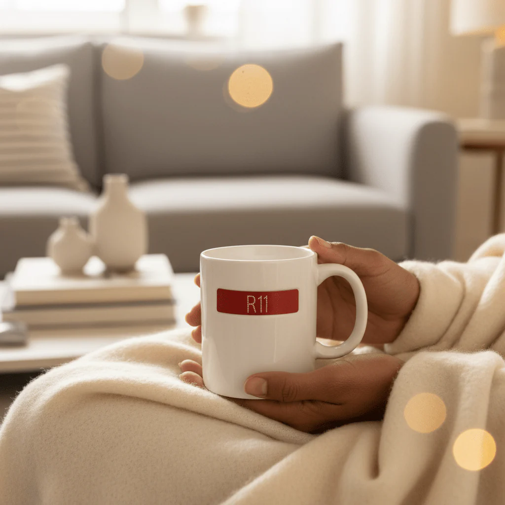 White Ceramic Mug with Red R11 Signature Design | 350ml Premium Coffee & Tea Mug - Image 3