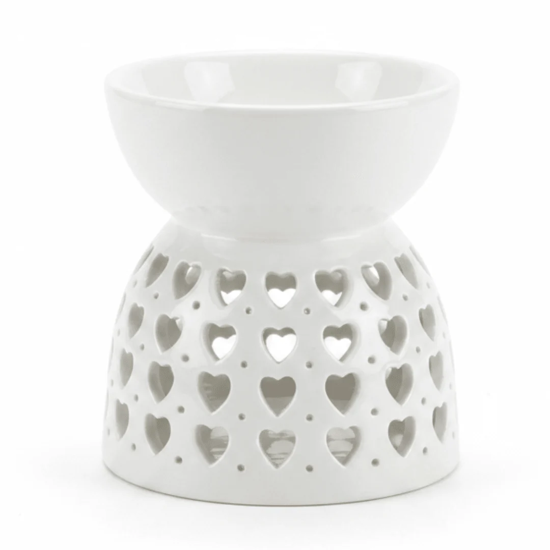 White Ceramic Oil Burner with Heart Cutout Design - 10×7 cm