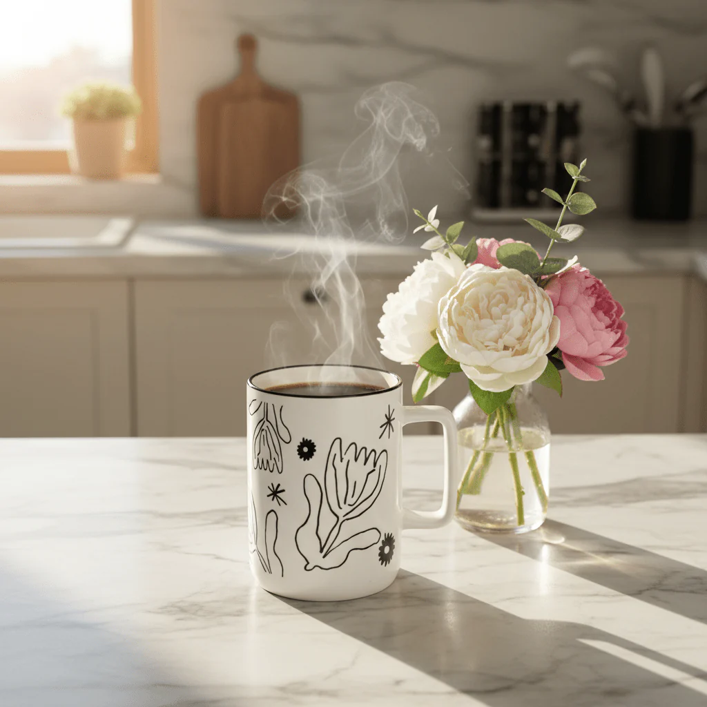 Botanical Line Art Ceramic Mug – White & Black | 400ml - Image 2