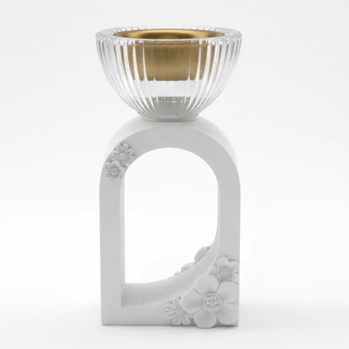 White Chalk & Crystal Glass Incense Burner | Floral Arch Design | 15cm