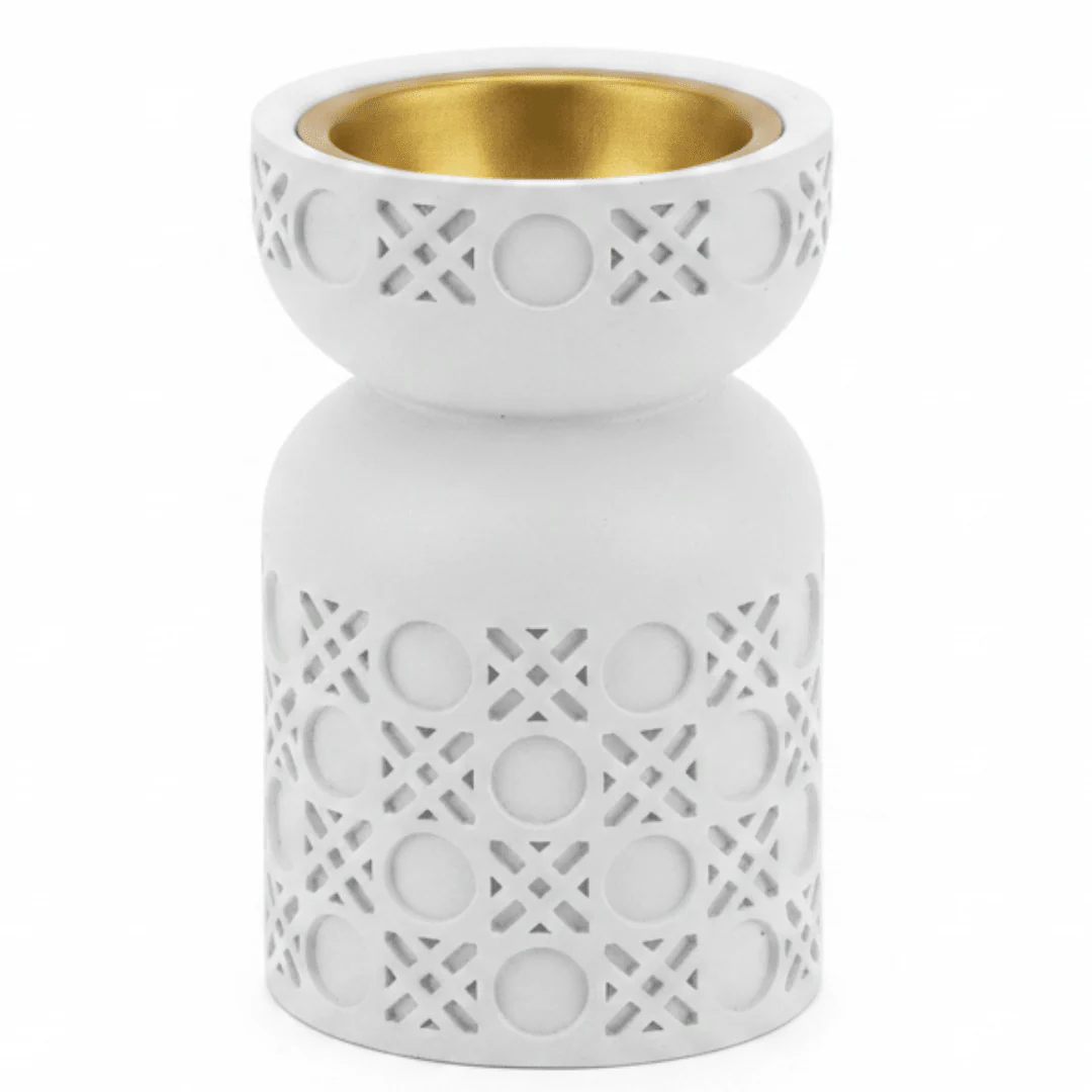 White Chalk Incense Burner with Gold Interior | Geometric Lattice Design | 10×6 cm