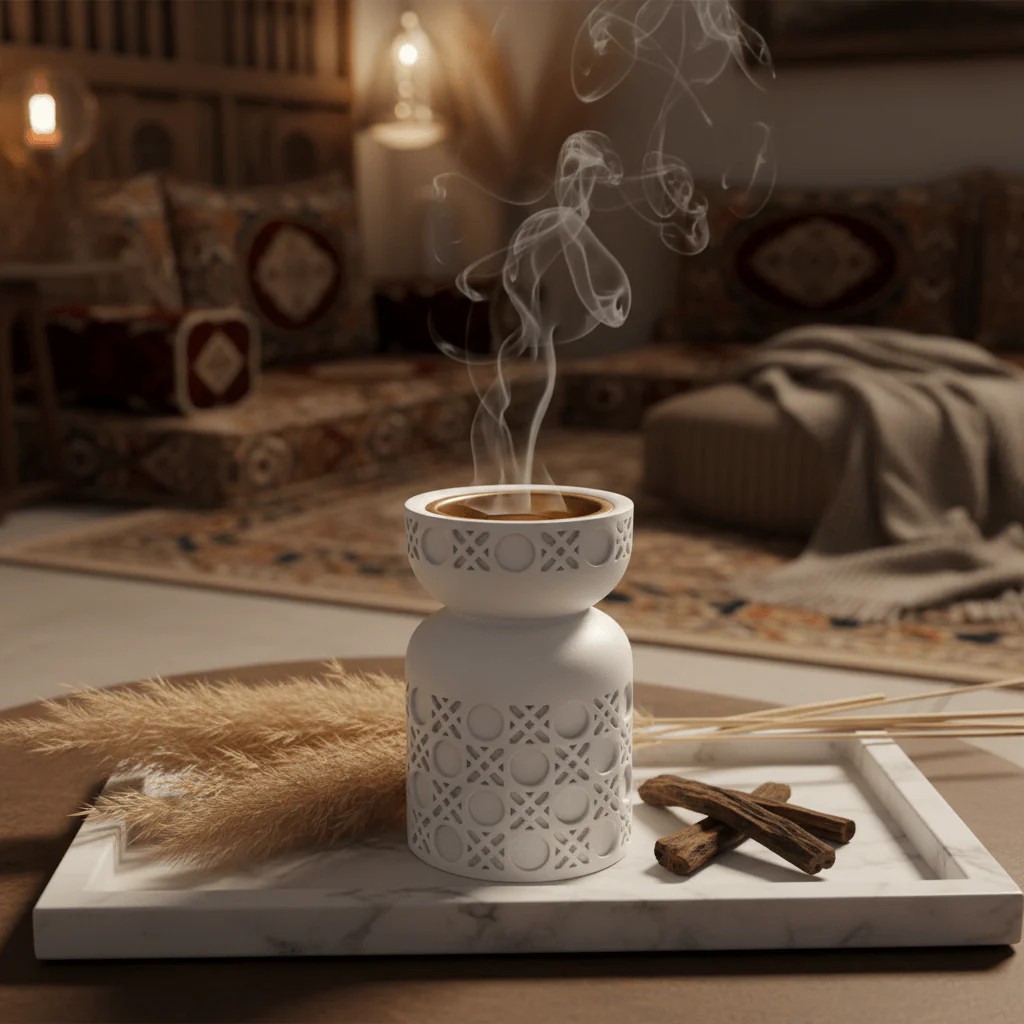 White Chalk Incense Burner with Gold Interior | Geometric Lattice Design | 10×6 cm - Image 2