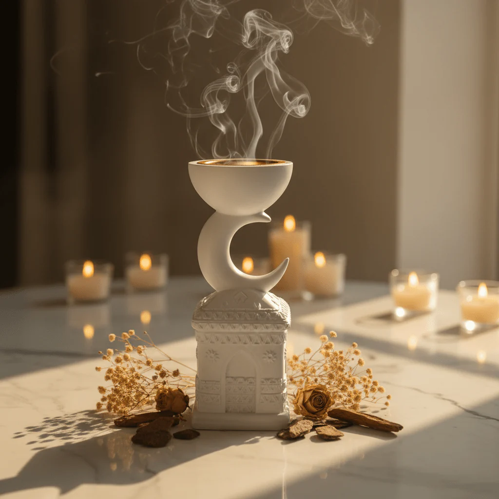 White Chalk Incense Burner 22cm | Mosque & Crescent Mabkhara | Arabian Home Décor - Image 2