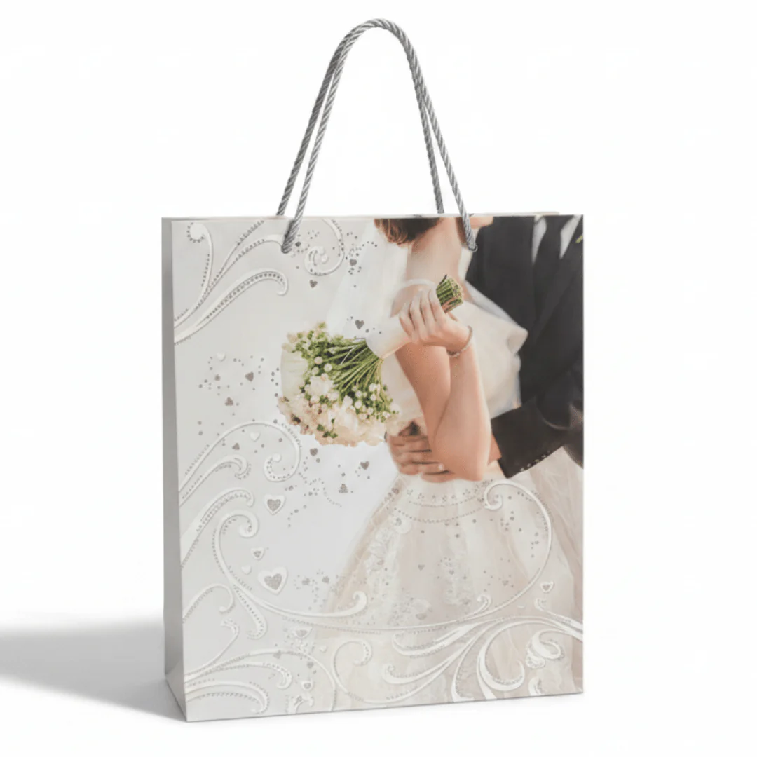 White Elegant Paper Gift Bag with Rope Handles | Wedding & Bridal Design | 32×26cm | Premium Glossy Finish