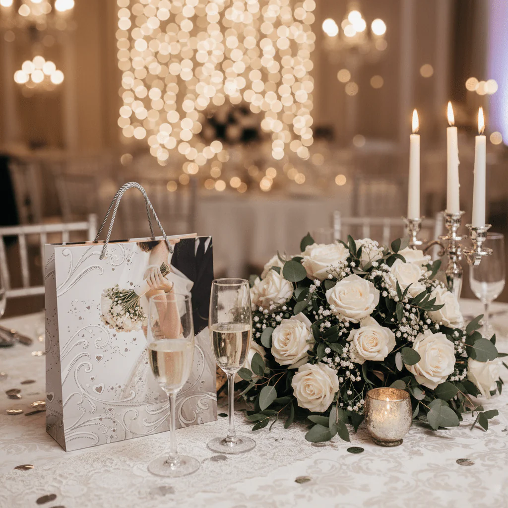 White Elegant Paper Gift Bag with Rope Handles | Wedding & Bridal Design | 32×26cm | Premium Glossy Finish - Image 2