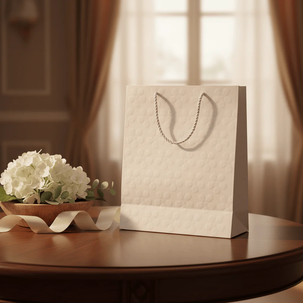 White Embossed Flower Paper Gift Bag | Premium Luxury Packaging Bag with Rope Handles | 30×25cm | - Image 2