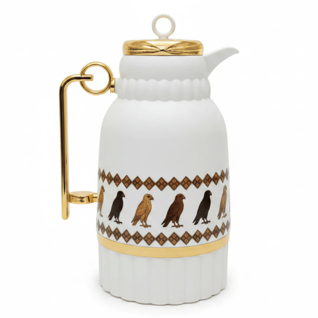 White & Gold Vacuum Flask with Heritage Bird Motif 1 Litre