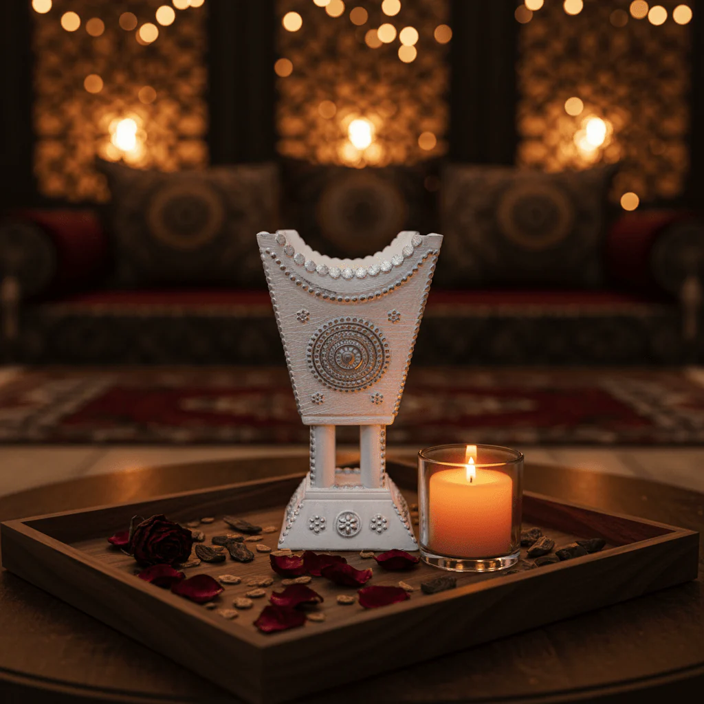 White & Silver Chalk Incense Burner | Ornate Mandala Design | 16×7cm - Image 2