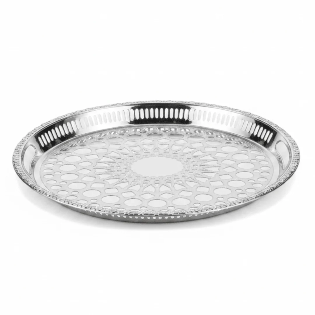 Windcera Silver Stainless Steel Oval Serving Tray | Arabic Geometric Lattice | 43×30cm