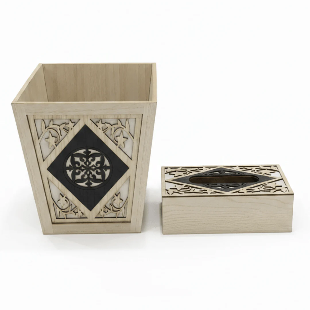Wooden Dustbin with Matching Tissue Box Set – Natural Finish Home and Office Organizer – 28 × 25 cm & 26 × 13 cm