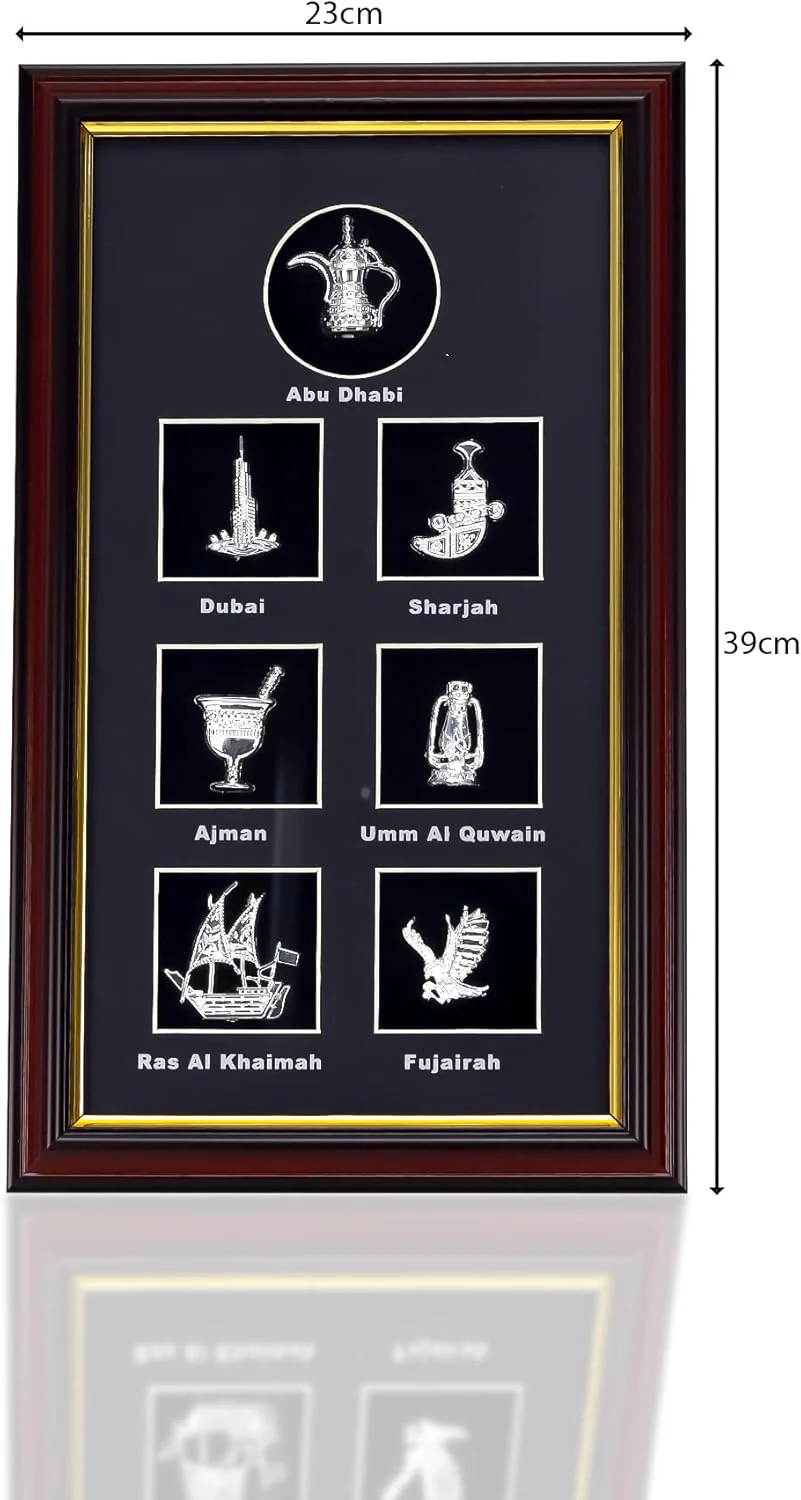 Wooden UAE Souvenir 7 House Glass Frame Décor United Arab Emirates - Abu Dhabi, Dubai, Sharjah, Ajman, Umm Al Quwain, Ras Al Khaimah, Fujairah, Burj Khalifa Home Office Decorations Tabletop Desktop