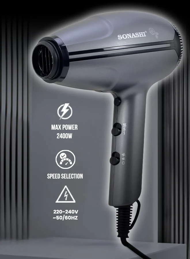 Sonashi Professional Hair Dryer With 2 Speed And 3 Heat Settings | Powerful Blow Dryer, Ionic Technology, Cool Shot Function, Lightweight And Stylish Design | Overheat Protection | SHD-5009 Grey 2400W - Image 4
