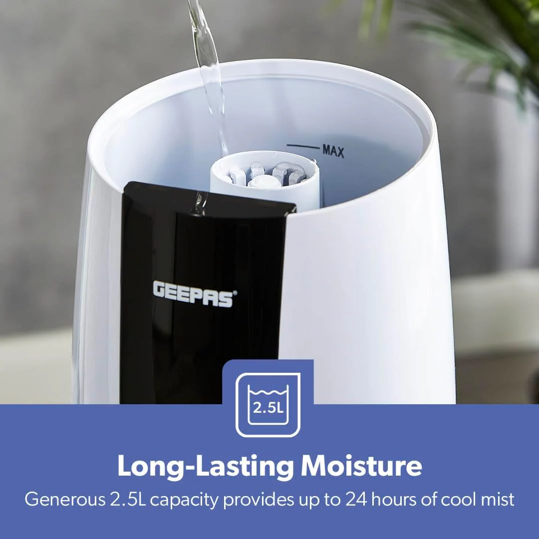 Geepas Humidifier for Bedroom, 2.6L Top Fill Cool Mist Large Room, 360° Rotatable, Night Light Auto Mode, 35dB Noise Level Humidifiers for Baby, Essential Oil Diffuser, Baby, Home, Work - Image 3