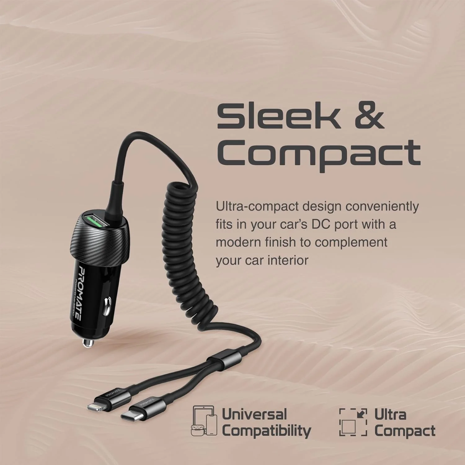 Promate Car Charger with Cable, Universal 33W Power Delivery DC Charger with Built-In 2-in-1 Splitter USB-C, Lightning Charging Coiled Cable and QC 3.0 USB Port for iPhone 17, Andriod PowerDrive-33DCI - Image 2