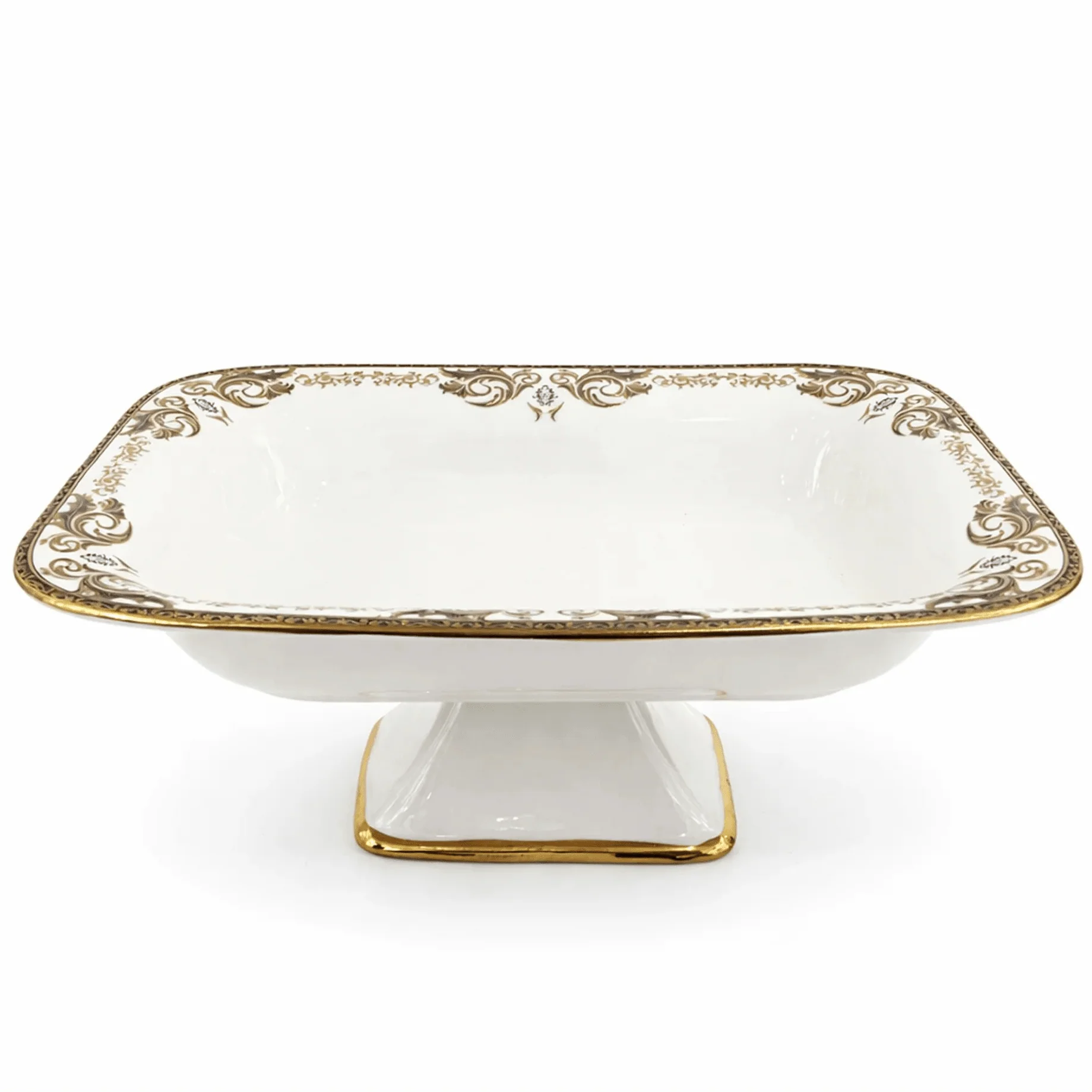 Angela AB-149 Ceramic Square Pedestal Platter with Stand (Serving Tray)– 36 × 25 cm – White with Gold Detailing
