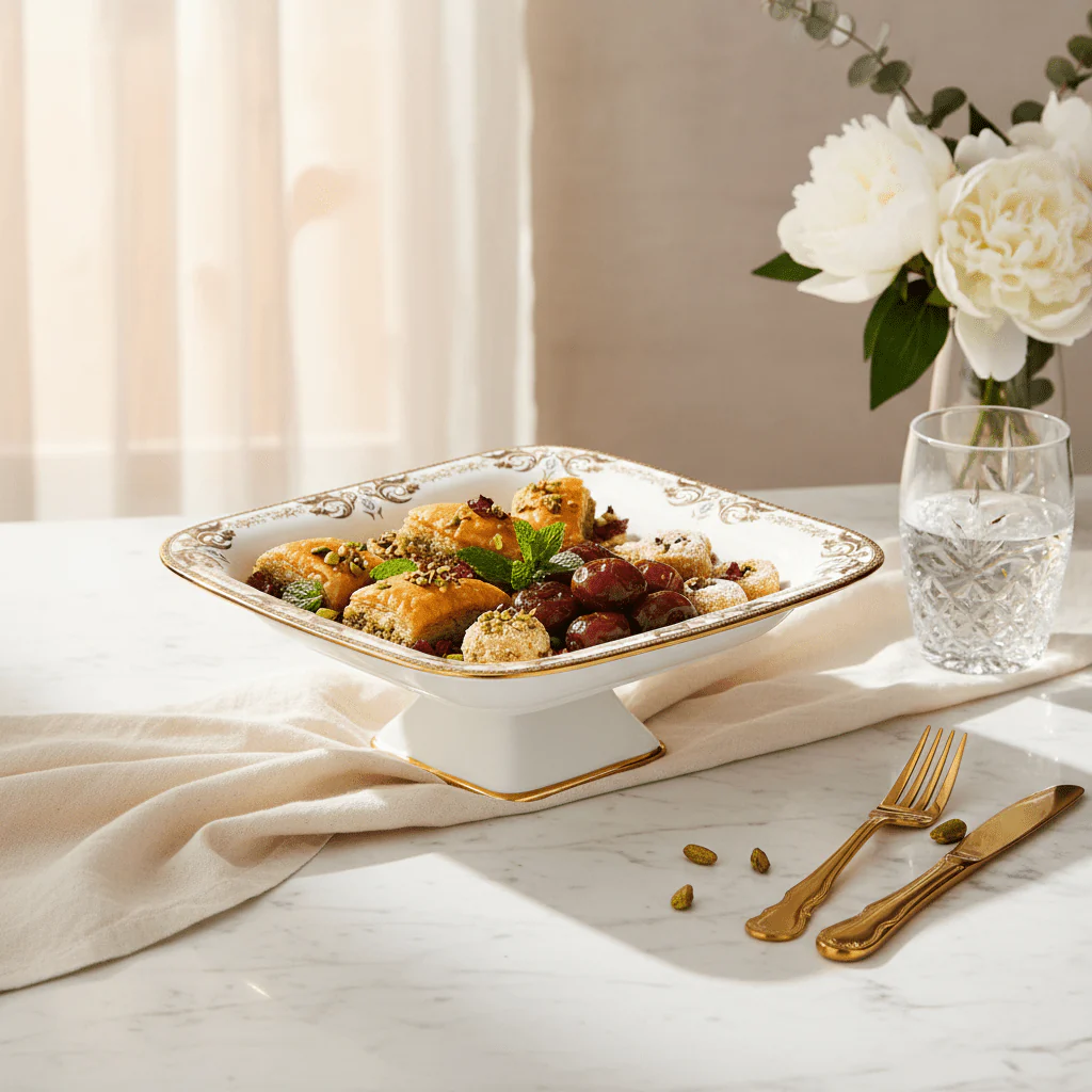 Angela AB-149 Ceramic Square Pedestal Platter with Stand (Serving Tray)– 36 × 25 cm – White with Gold Detailing - Image 2