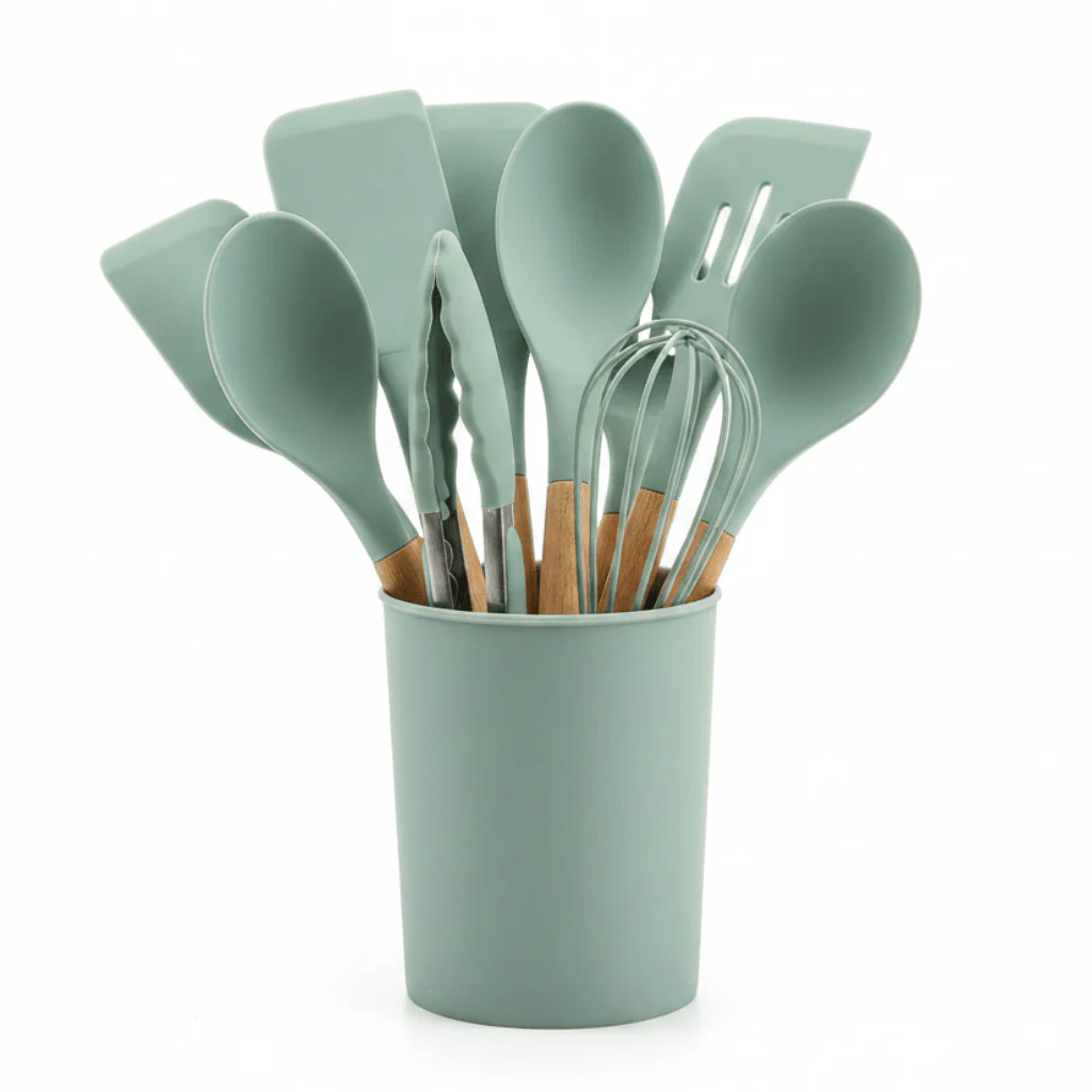 Yi Guan Silicone Kitchen Utensils Set with Wooden Handle – 12 Pcs - Assorted Colors