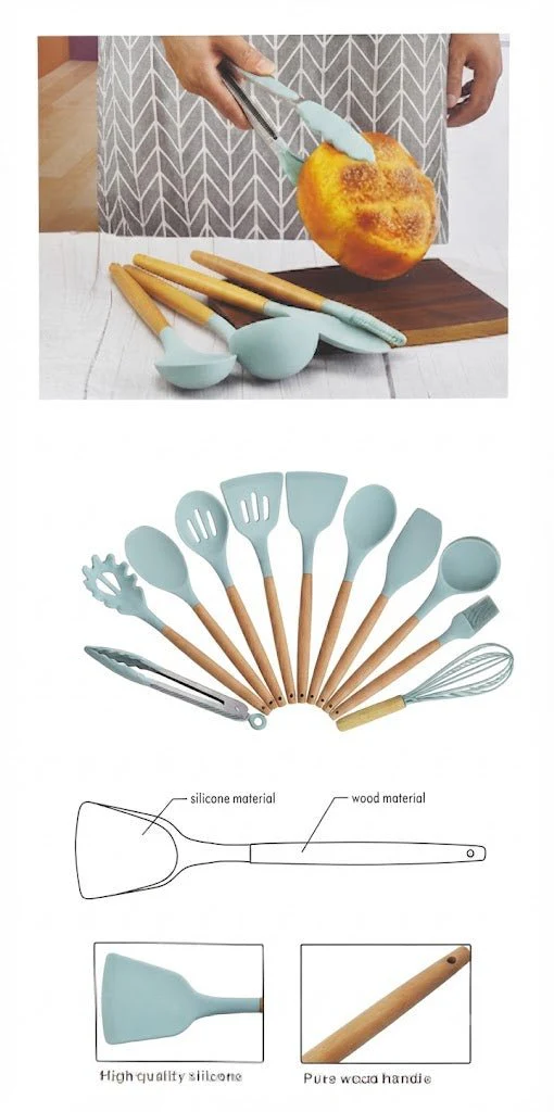 Yi Guan Silicone Kitchen Utensils Set with Wooden Handle – 12 Pcs - Assorted Colors - Image 2