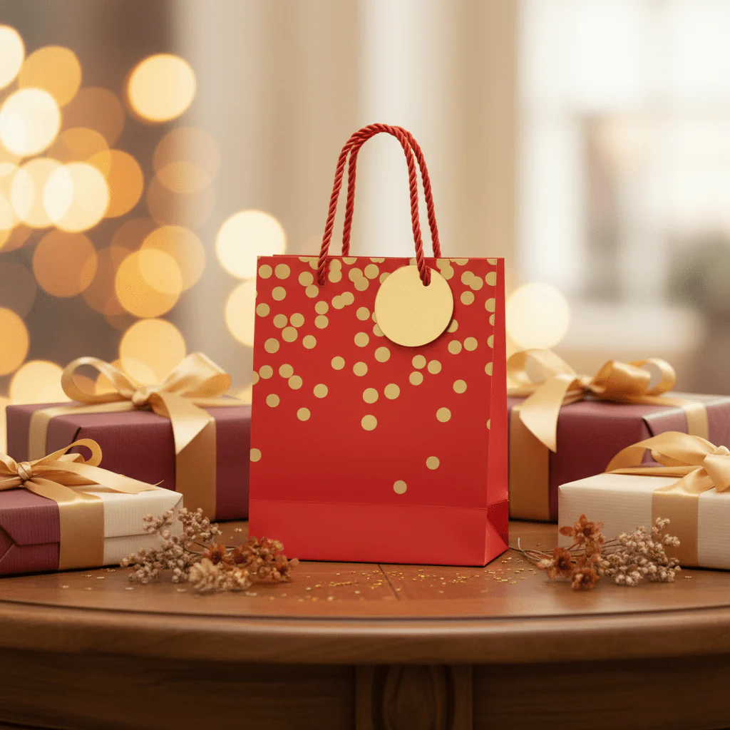 Yina Red & Gold Polka Dot Paper Gift Bag with Twisted Rope Handles & Tag | 23×18cm | - Image 2