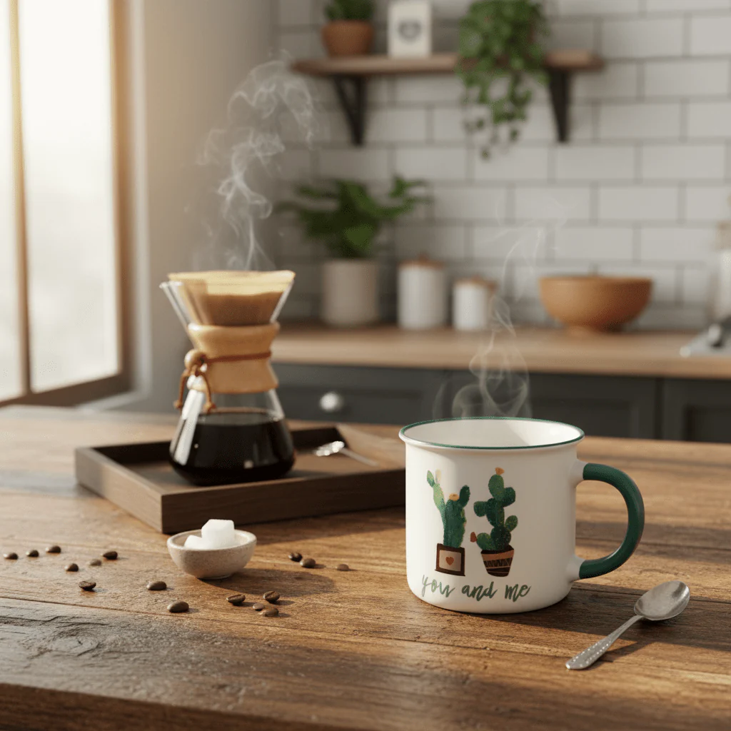 You & Me Cactus Ceramic Mug — 300ml - White & Teal - Image 2