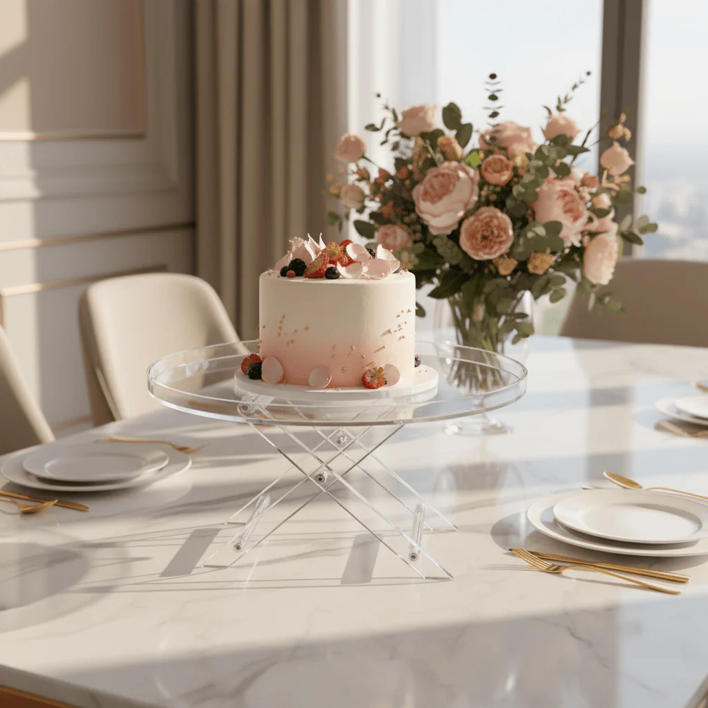 Yuniverse Acrylic Cake Tray with Stand | 30×18cm | Crystal Clear Serving Display - Image 2
