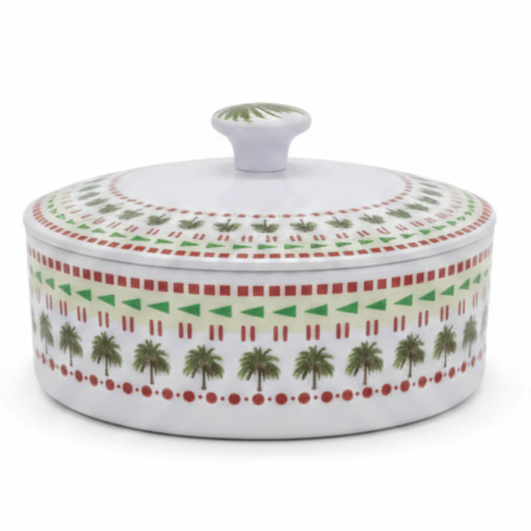 Yuniverse Melamine Round Dates Bowl with Lid | Palm Tree Design | 18×6 cm