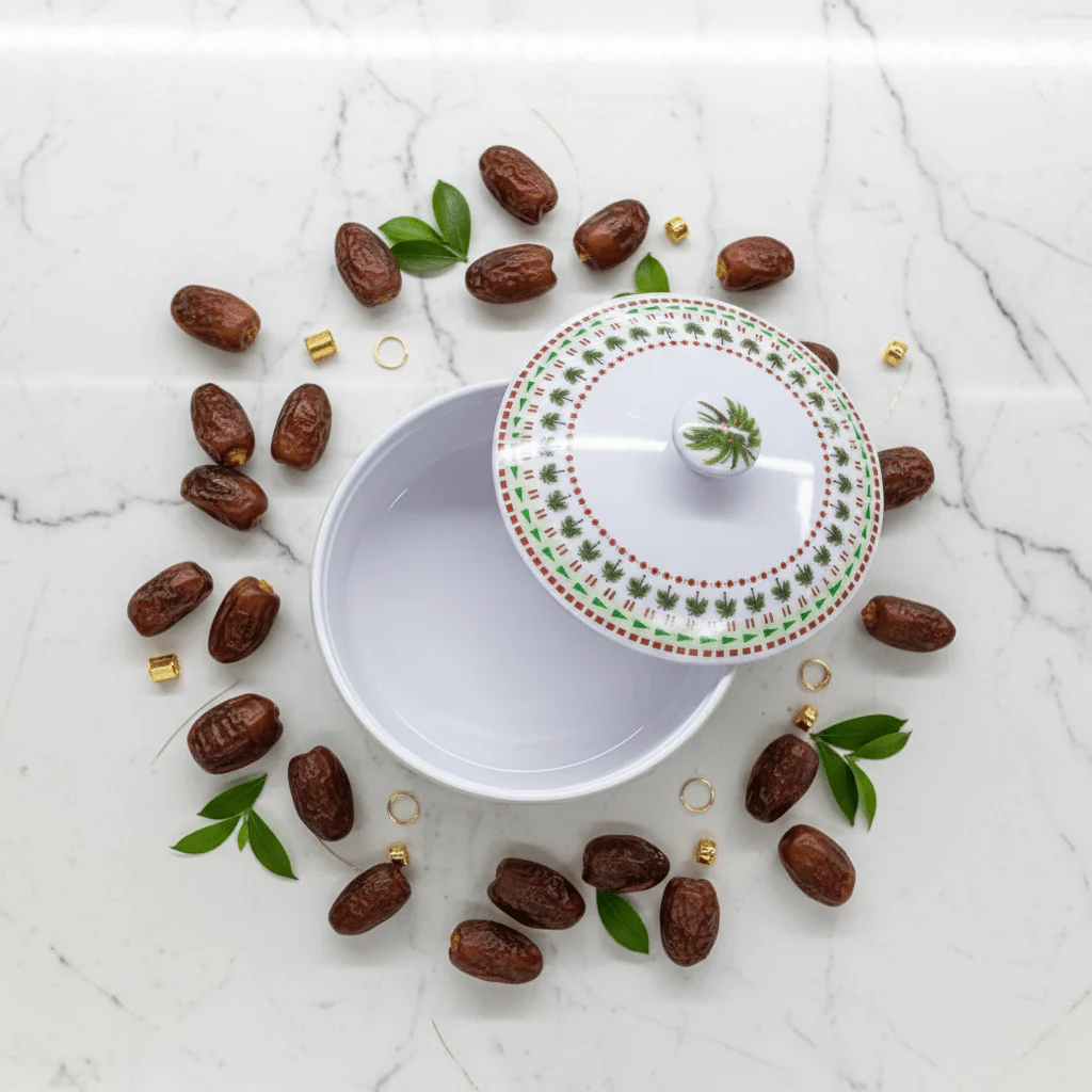 Yuniverse Melamine Round Dates Bowl with Lid | Palm Tree Design | 18×6 cm - Image 3
