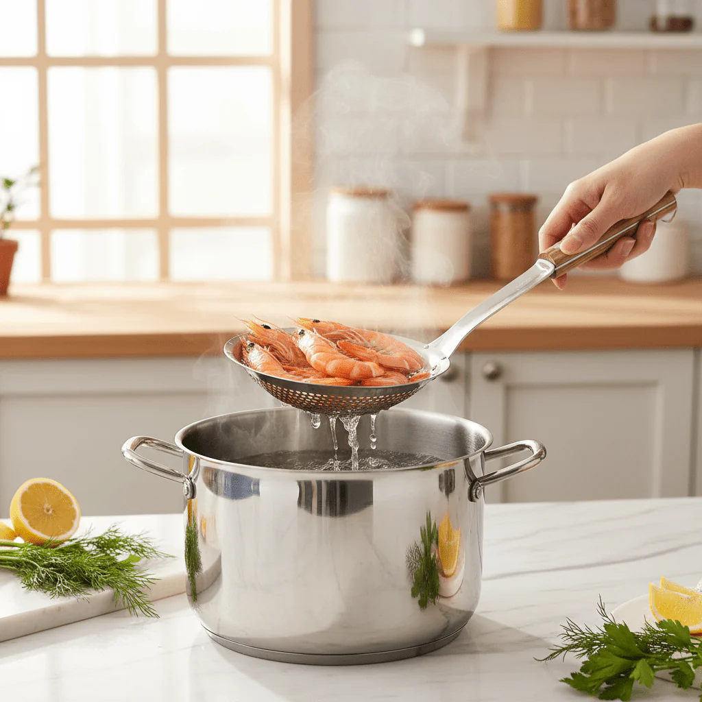 Yuniverse Stainless Steel Colander with Wooden Handle – 22cm Head | 58cm Long - Image 2