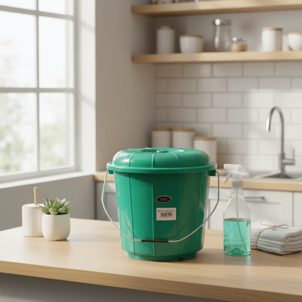 Zain Plastic Bucket with Lid – 5L – Green – Durable Storage Bucket for Water, Cleaning & Washing - Image 2