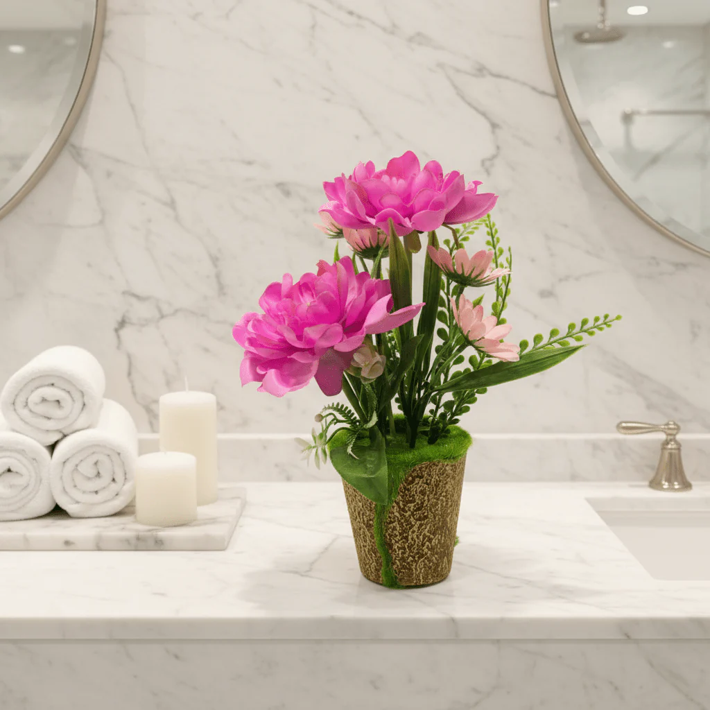Zeem Neon Pink Artificial Flower Plant | Premium Faux Peony Arrangement in Decorative Chalk Vase - Image 3