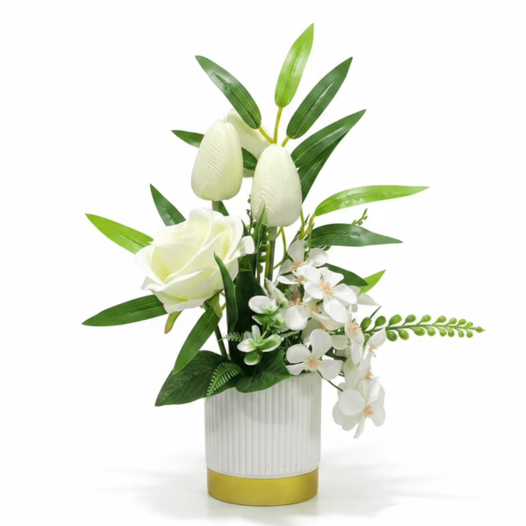 Zeem Off-White & White Artificial Flower Plant | White Ribbed Vase with Gold Base | 30cm