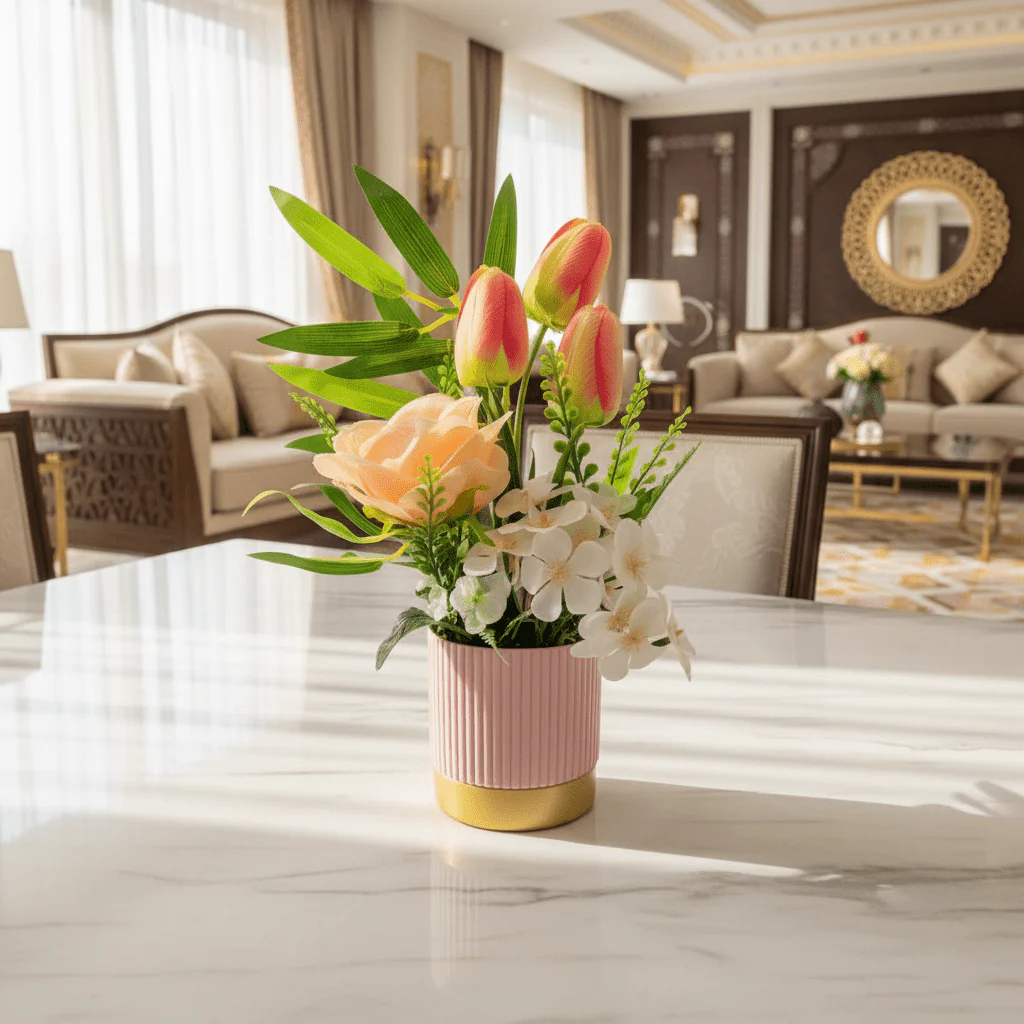 Zeem Artificial Flower Arrangement | Pink Tulips, Peach Rose & White Orchids in Pink Ribbed Vase | 30cm - Image 2