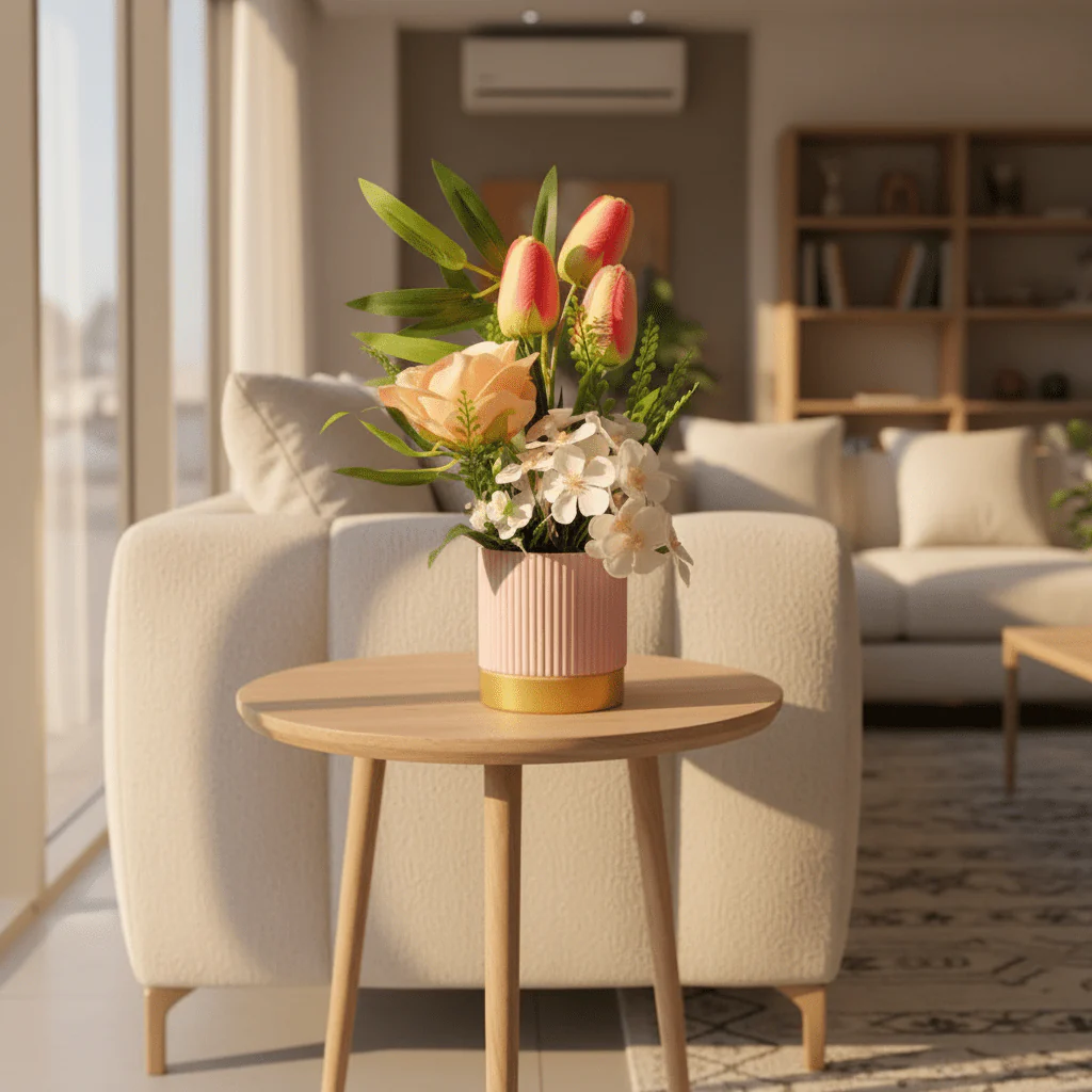 Zeem Artificial Flower Arrangement | Pink Tulips, Peach Rose & White Orchids in Pink Ribbed Vase | 30cm - Image 4