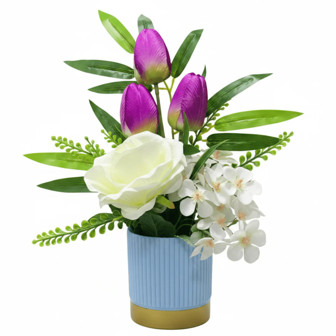 Zeem Purple & White Artificial Flower Plant — Blue Ribbed Vase | 30cm | Premium Home Décor