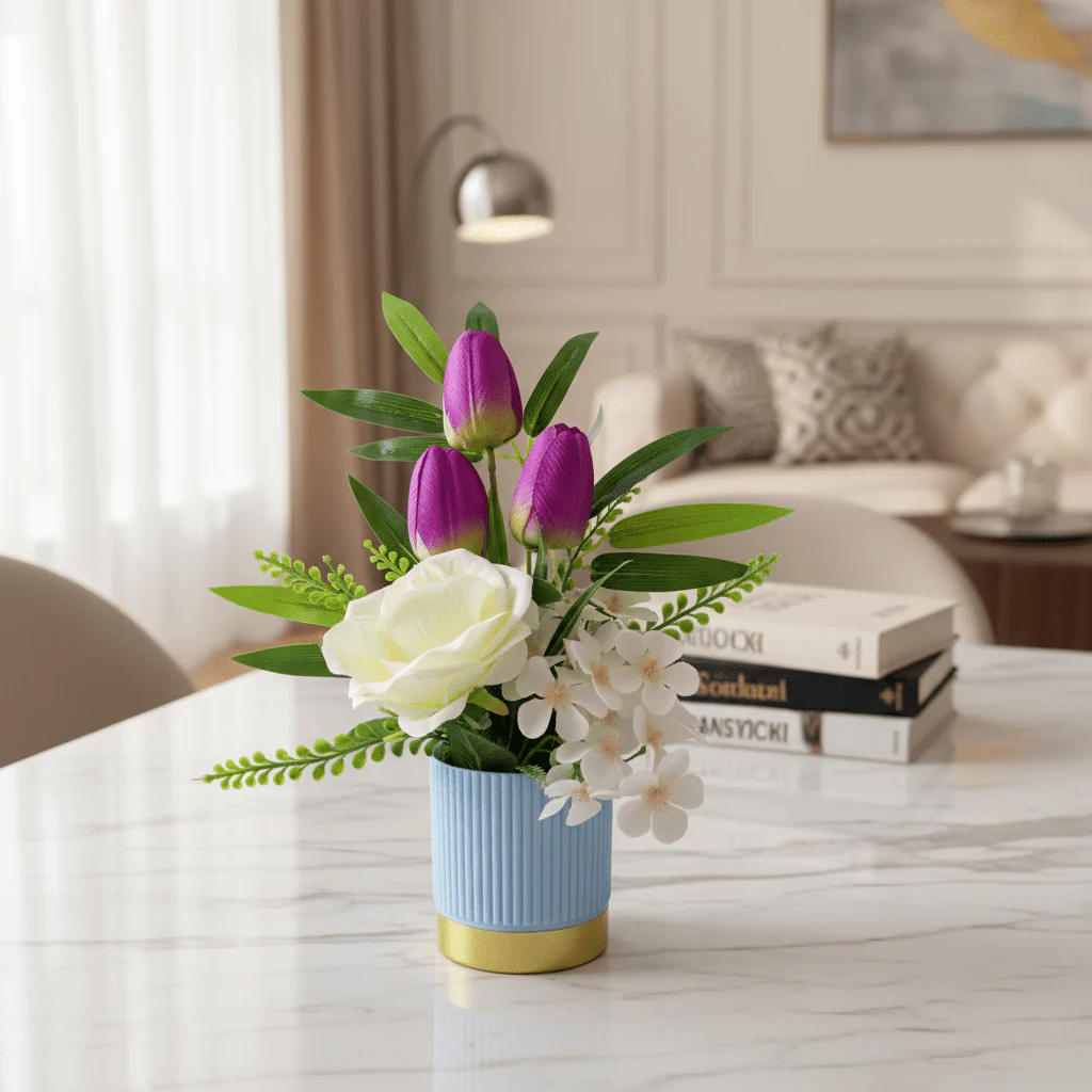 Zeem Purple & White Artificial Flower Plant — Blue Ribbed Vase | 30cm | Premium Home Décor - Image 3