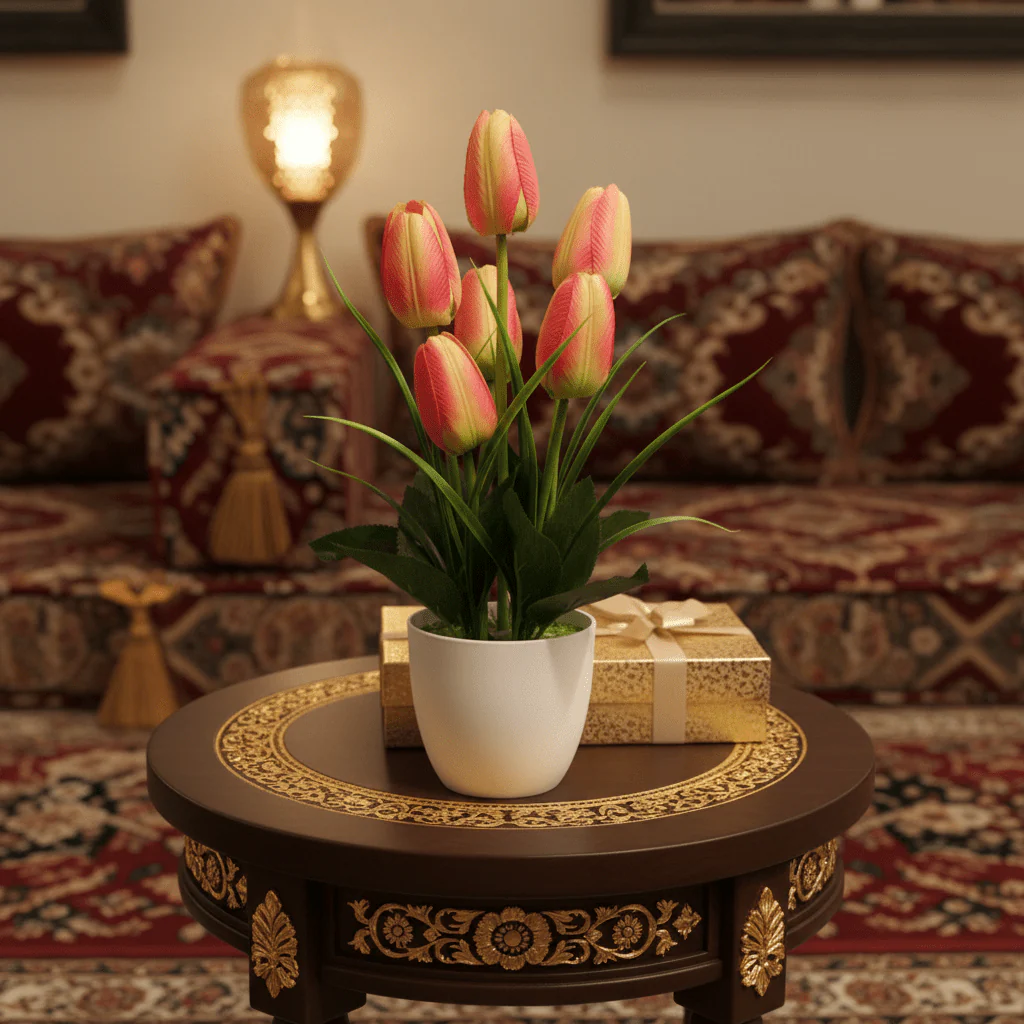 Zeem Red & Green Artificial Tulip Bouquet with White Plastic Vase | 33cm - Image 2
