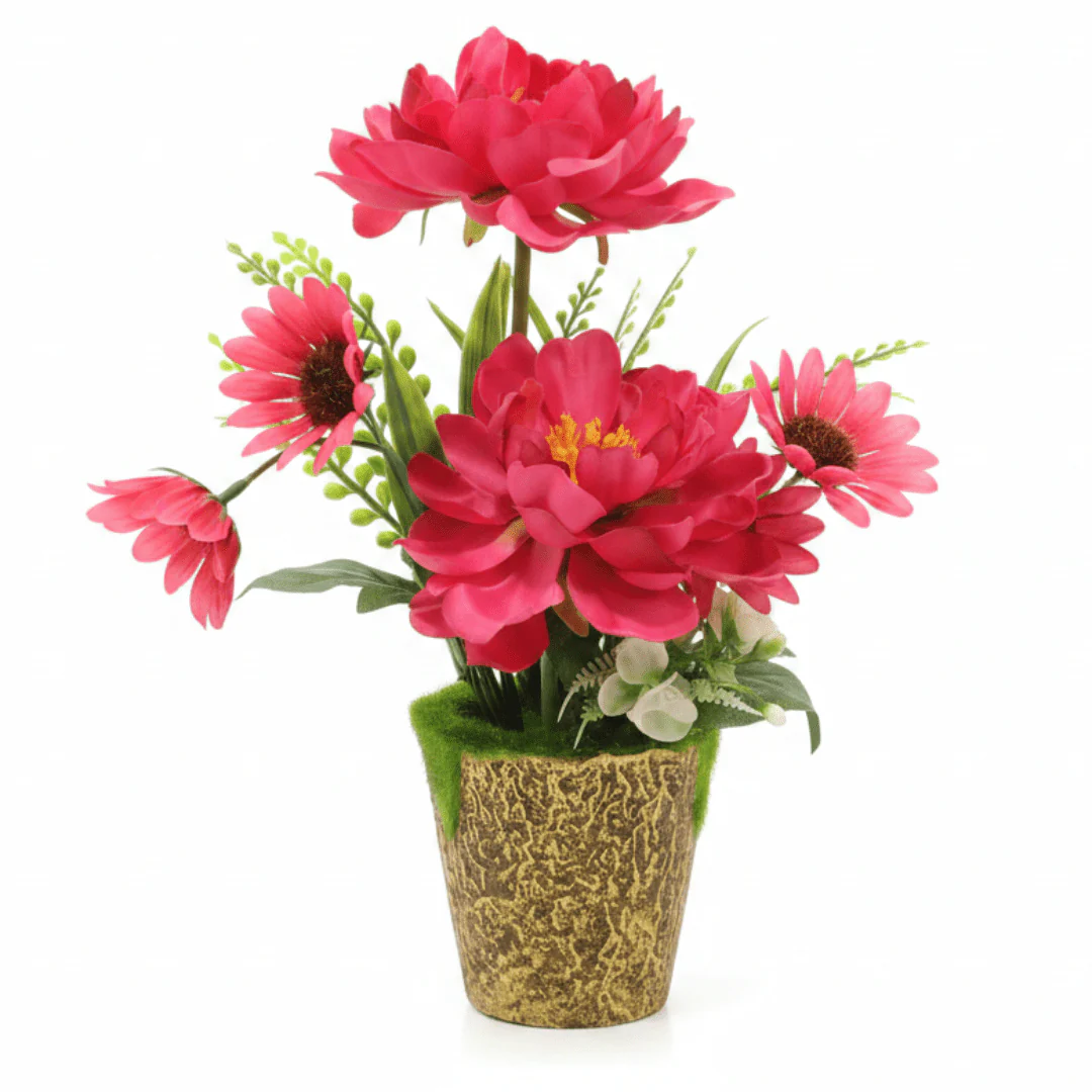 Zeem Red Artificial Flower Plant | Elegant Chalk Pot | 30cm | Premium Silk Blooms