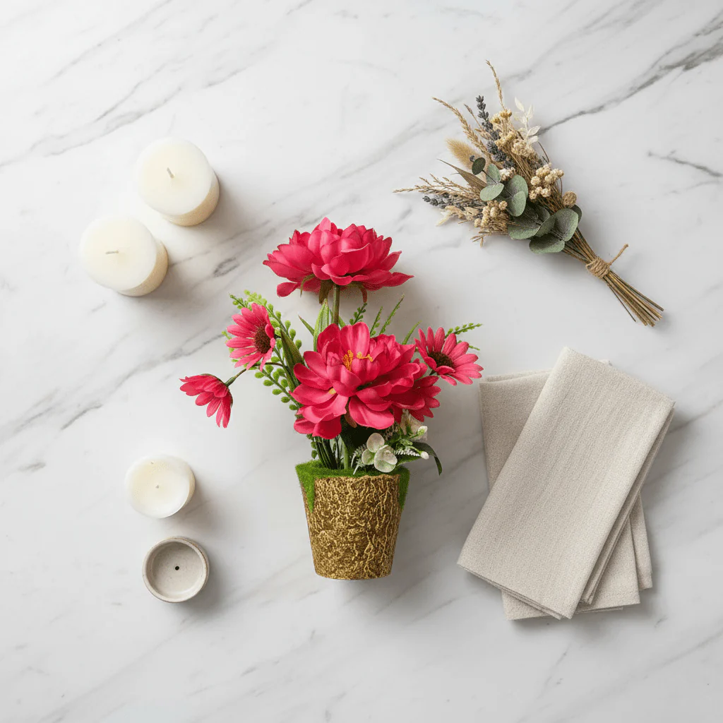 Zeem Red Artificial Flower Plant | Elegant Chalk Pot | 30cm | Premium Silk Blooms - Image 3