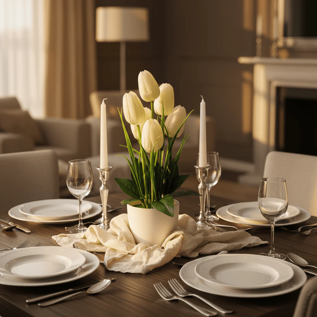 Zeem White & Green Artificial Tulip Bouquet | White Plastic Vase | 33cm - Image 2