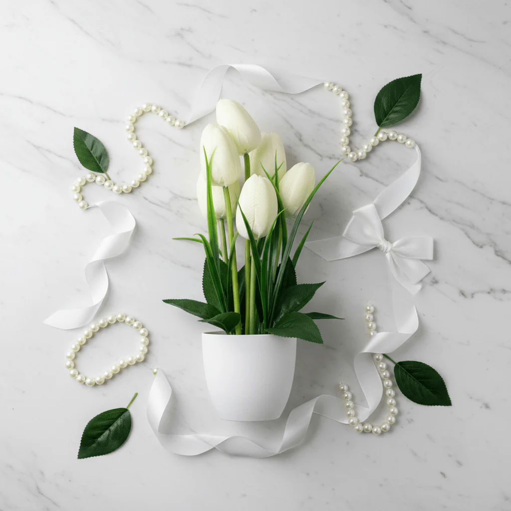 Zeem White & Green Artificial Tulip Bouquet | White Plastic Vase | 33cm - Image 3