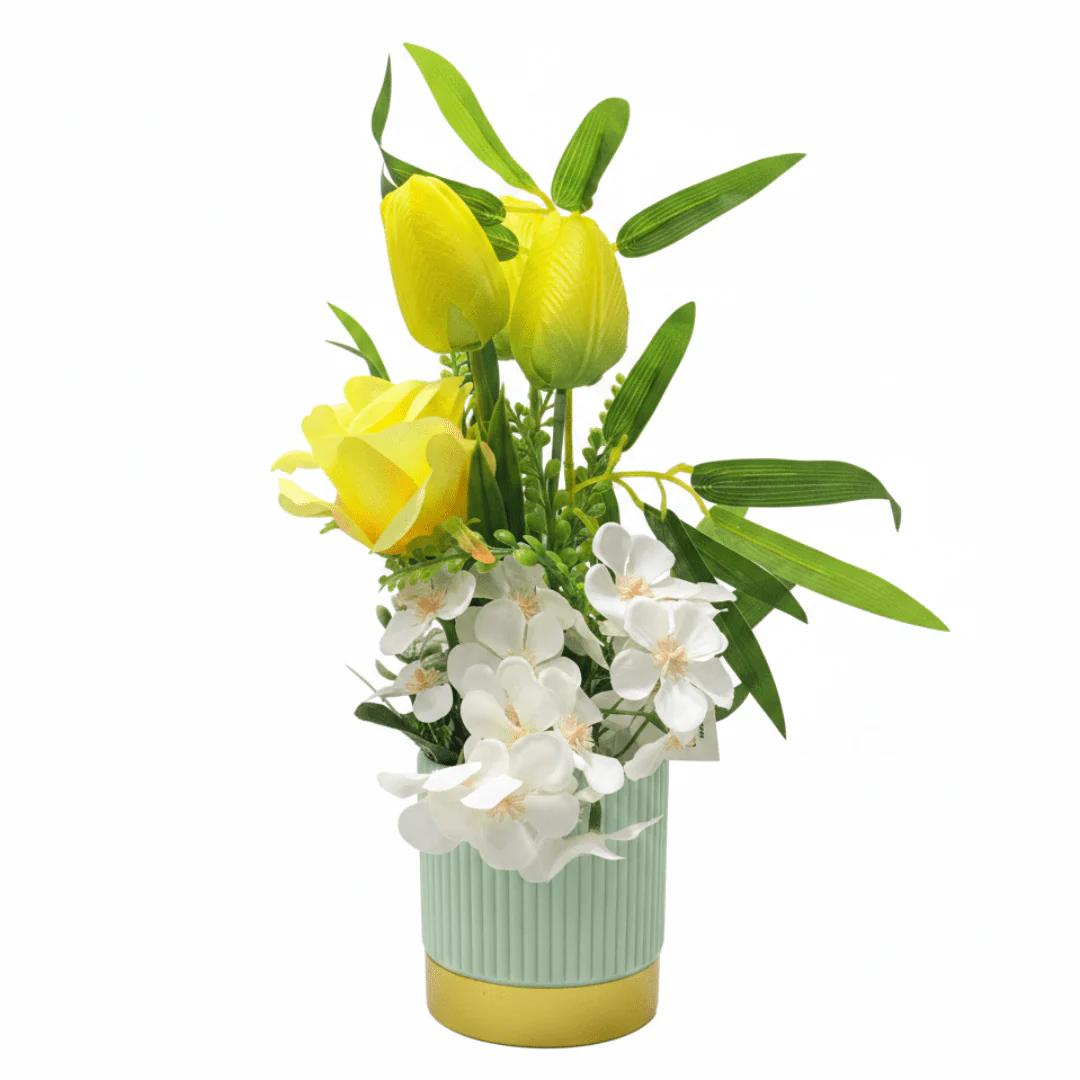 ZEEM Artificial Flower Arrangement Yellow Tulip & White Orchid | Sage Green Vase | 30cm