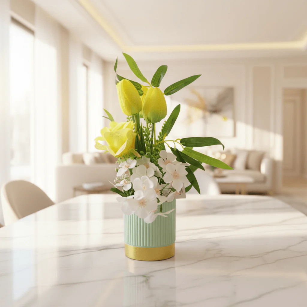 ZEEM Artificial Flower Arrangement Yellow Tulip & White Orchid | Sage Green Vase | 30cm - Image 2