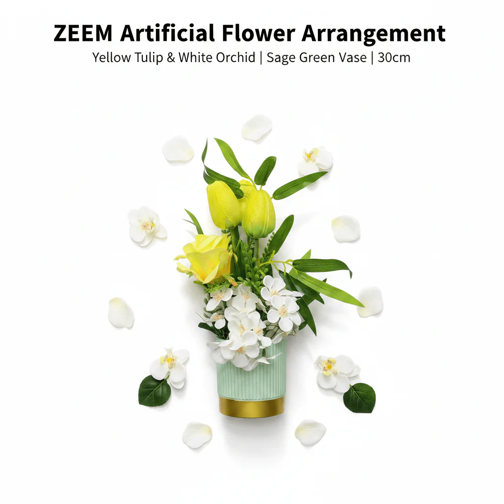 ZEEM Artificial Flower Arrangement Yellow Tulip & White Orchid | Sage Green Vase | 30cm - Image 4