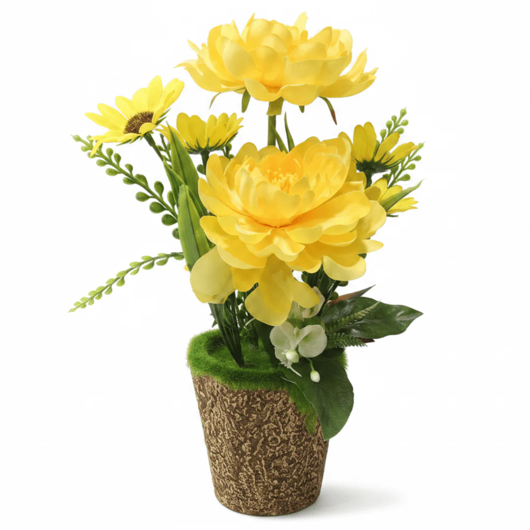 Zeem Yellow Artificial Flower Plant | Elegant Chalk Pot | 30cm | Premium Silk Blooms
