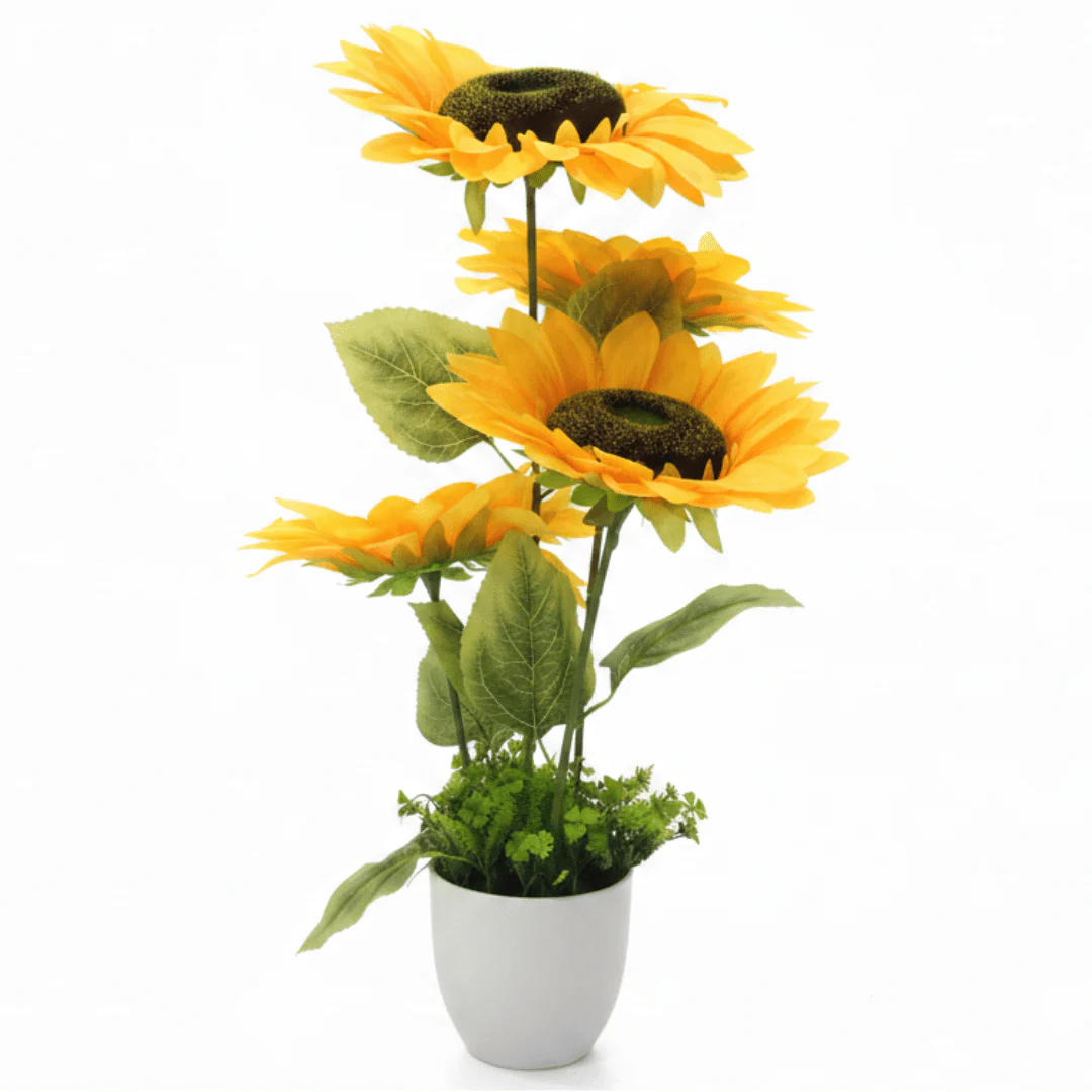 Zeem Yellow Artificial Sunflower Plant | 3-Head Arrangement | 68cm | Elegant White Pot