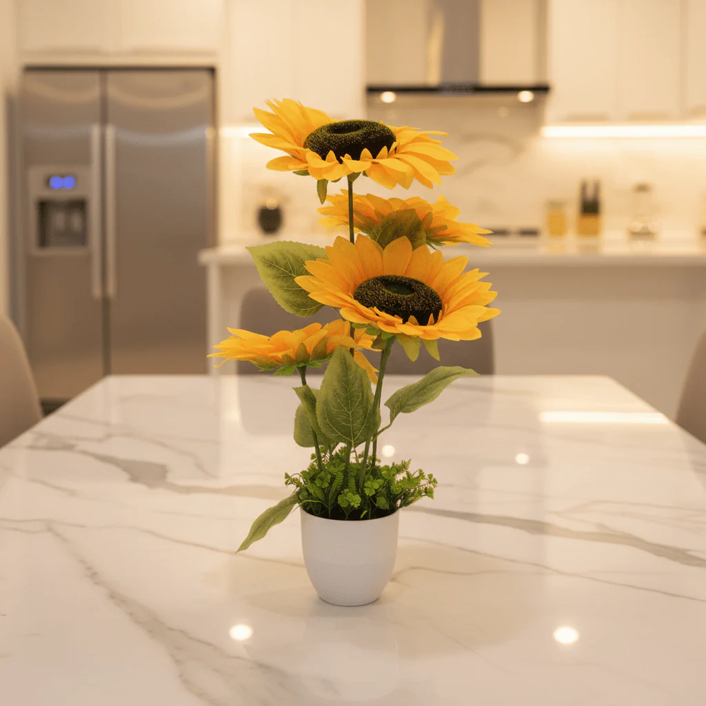 Zeem Yellow Artificial Sunflower Plant | 3-Head Arrangement | 68cm | Elegant White Pot - Image 3