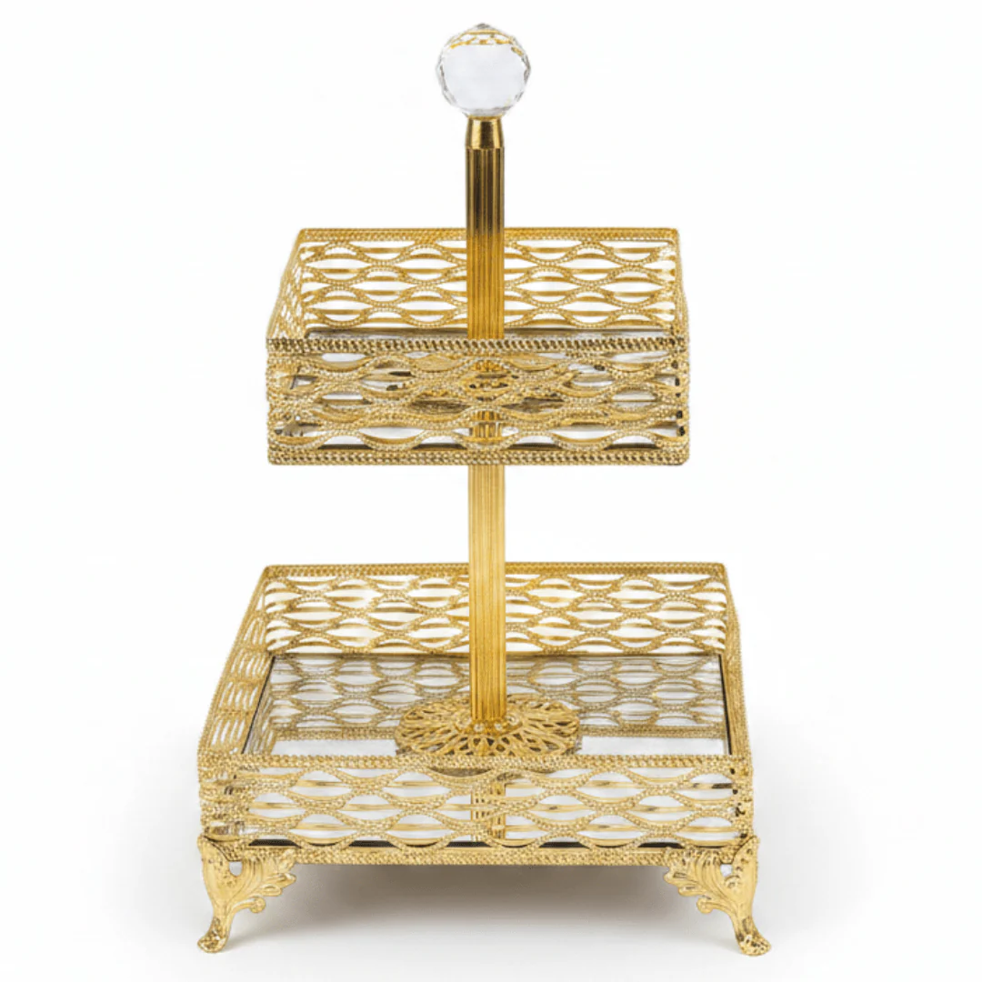 Zeyve 2-Tier Square Glass Fruit Stand with Gold Metal Frame – Elegant Serving Tray for Fruits, Desserts & Pastries – 14 × 18 × 30 cm
