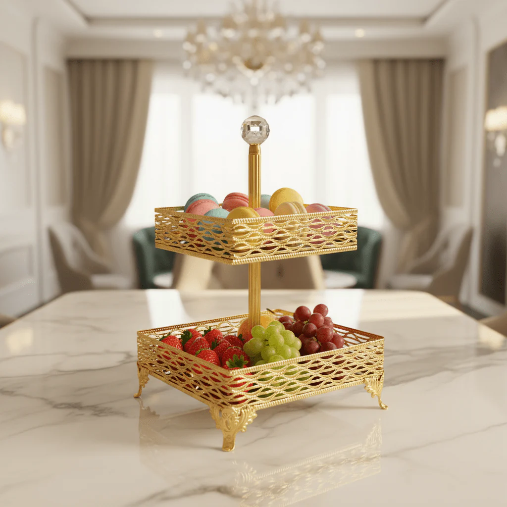 Zeyve 2-Tier Square Glass Fruit Stand with Gold Metal Frame – Elegant Serving Tray for Fruits, Desserts & Pastries – 14 × 18 × 30 cm - Image 2